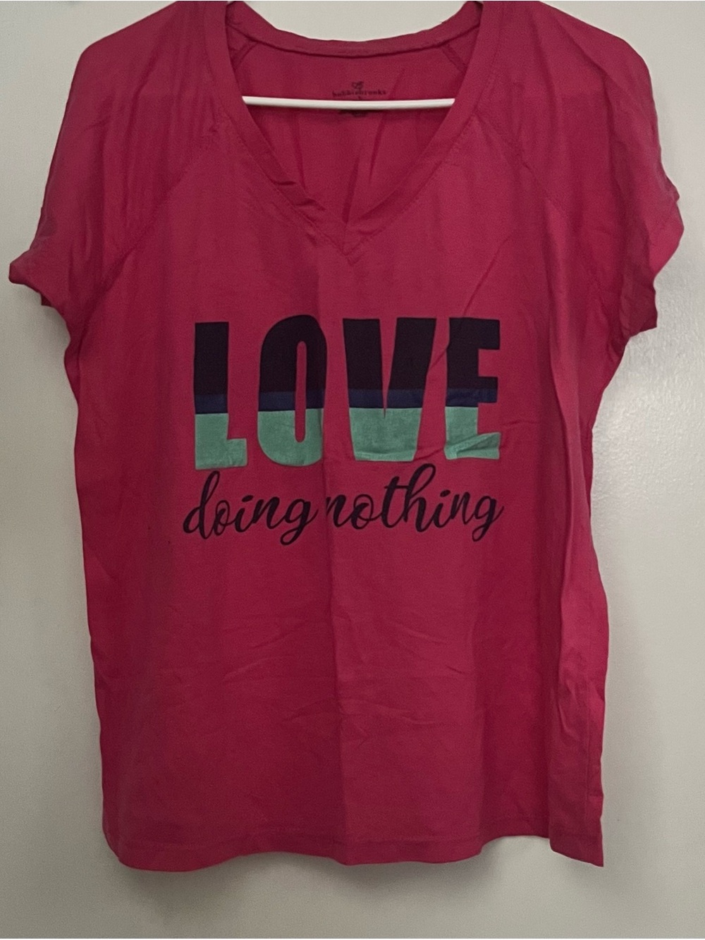 Bobbie Brooks Hot Pink V-Neck Tee with 'LOVE Doing Nothing' Graphic